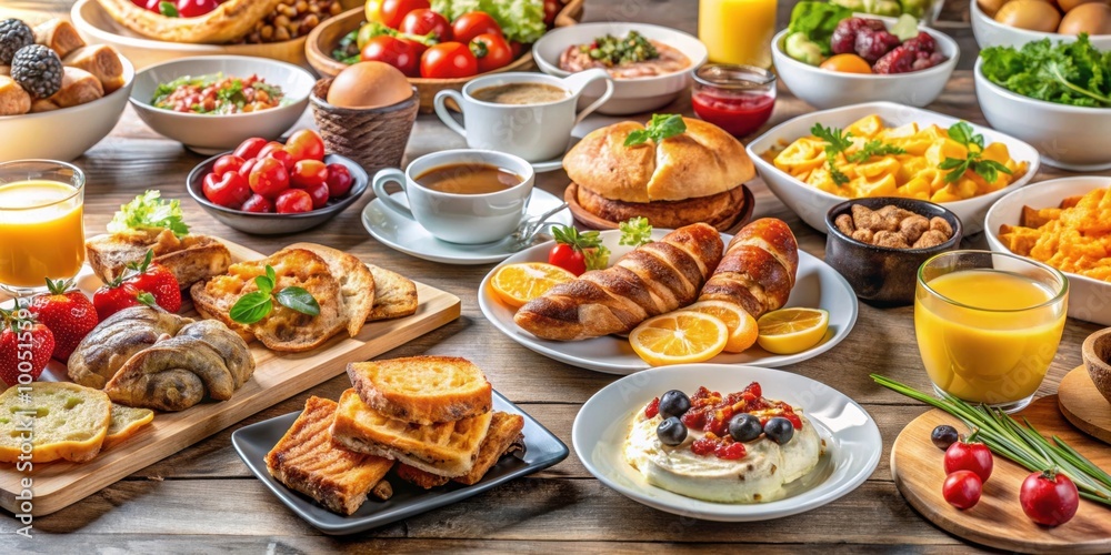 Fototapeta premium Breakfast buffet with a variety of continental and English dishes , breakfast, buffet, food, continental, English, variety