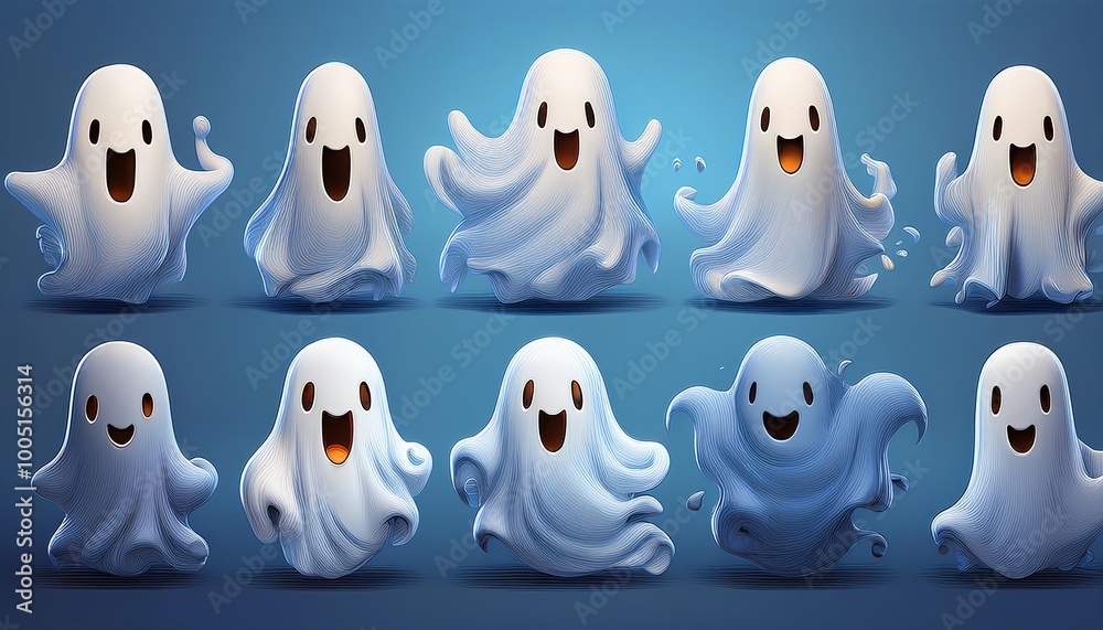 A playful collection of cartoonish ghosts with cheerful expressions, set against a blue background. A playful collection of cartoonish ghosts with cheerful expressions, set against a blue background.