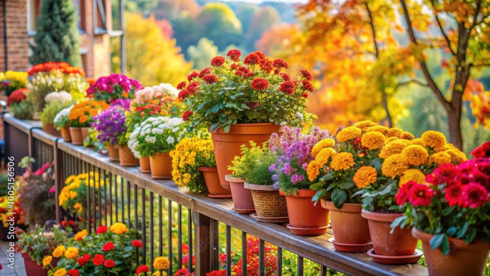 Naklejka premium Cozy balcony filled with vibrant autumn flowers, perfect for home gardening enthusiasts, cozy, balcony, flowers, autumn