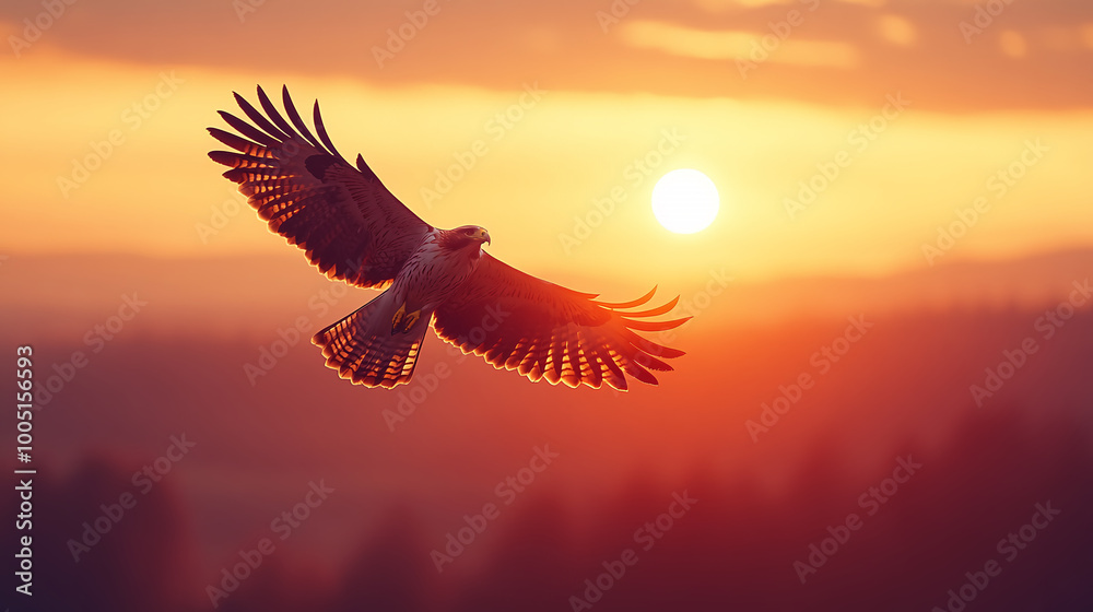 Obraz premium hawk, eagle, sky, sun, sunrise, sunset, flight, gold, Japanese pattern, Japan, tradition, typical, Japanese art, Japanese painting, ink painting, sumi-e, ukiyo-e, elegant, cool, landscape, wabi-sabi, 