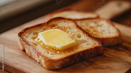 Sliced Bread with Melted Butter on Wooden Board