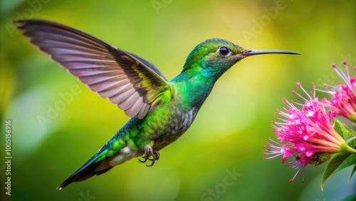 Vibrant green hummingbird with iridescent feathers hovers in mid-air, sipping nectar from a delicate pink flower, set against a soft, blurred background of lush foliage.