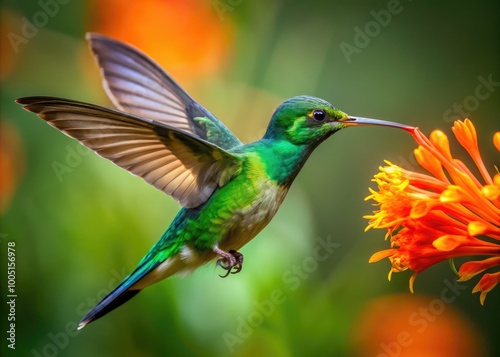 Vibrant green hummingbird with iridescent feathers sips nectar from a bright orange flower, its tiny wings beating rapidly as it hovers in mid-air.