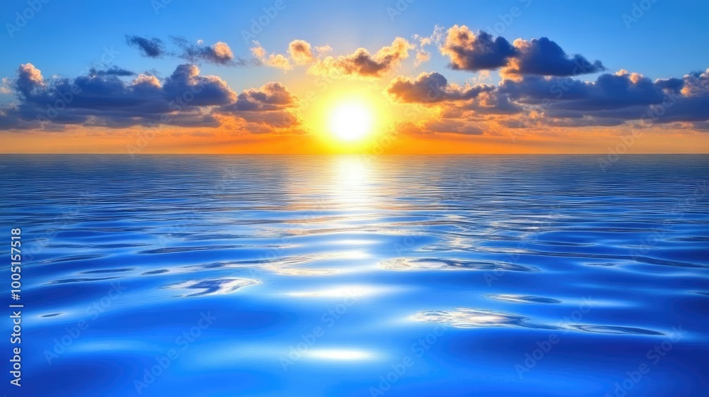 A beautiful sunset over the ocean with calm blue water and fluffy clouds. A beautiful sunset over the ocean with calm blue water and fluffy clouds.
