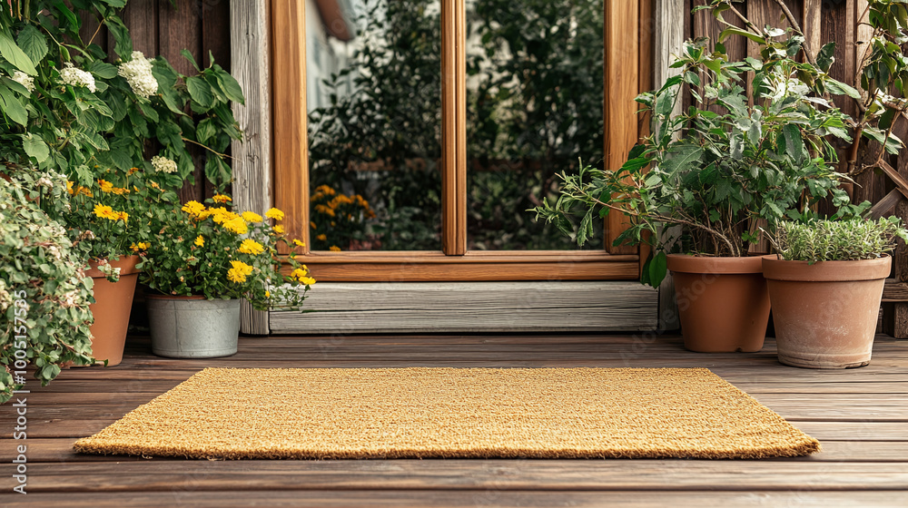 Cozy Welcome: A Plain Coir Doormat on a Rustic Wooden Porch Surrounded by Charming Potted Plants for a Warm and Inviting Atmosphere Cozy Welcome: A Plain Coir Doormat on a Rustic Wooden Porch Surrounded by Charming Potted Plants for a Warm and Inviting Atmosphere