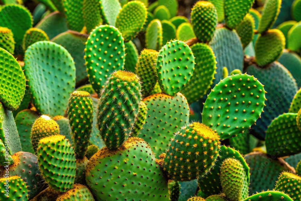 Vibrant green leaves of the prickly pear cactus, also known as puerco espin, grow in a dense cluster, showcasing its unique, waxy, and thorny features. Vibrant green leaves of the prickly pear cactus, also known as puerco espin, grow in a dense cluster, showcasing its unique, waxy, and thorny features.