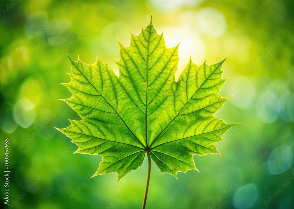 Vibrant green maple leaf isolated on a soft, blurred background, showcasing its delicate veins and intricate stem, with a gentle, natural light casting subtle shadows. Vibrant green maple leaf isolated on a soft, blurred background, showcasing its delicate veins and intricate stem, with a gentle, natural light casting subtle shadows.