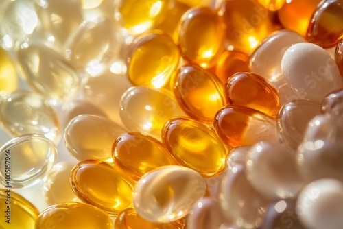 Close up view of various golden and yellow softgel capsules for nutritional supplements