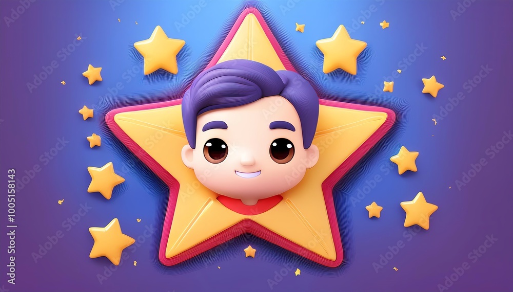 Fototapeta premium A cute, cartoon-style character with purple hair centered on a bright star, surrounded by smaller stars against a vibrant blue background.