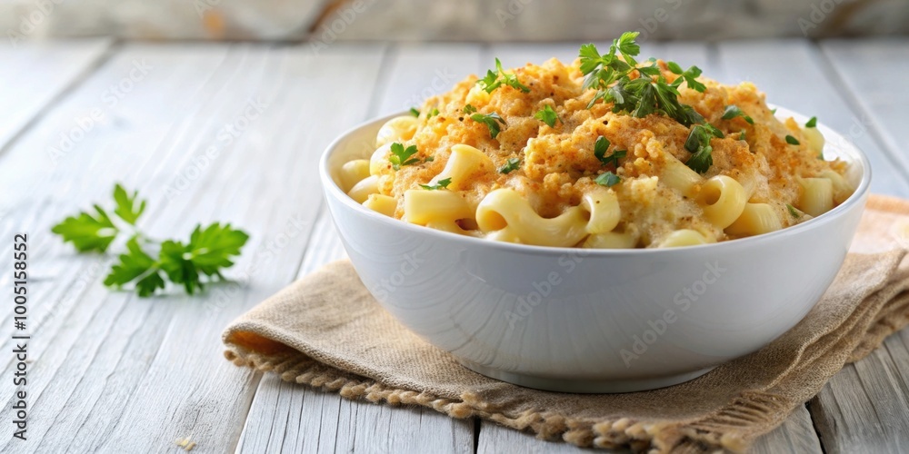 Creamy mac and cheese served in a white bowl, topped with breadcrumbs, comfort food, pasta, cheesy, homemade, macaroni Creamy mac and cheese served in a white bowl, topped with breadcrumbs, comfort food, pasta, cheesy, homemade, macaroni