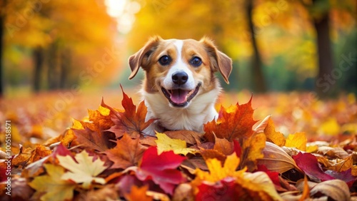 Adorable dog playing in a pile of colorful autumn leaves, cute, dog, pet, animal, autumn, fall, leaves, outdoor, playing, joyful