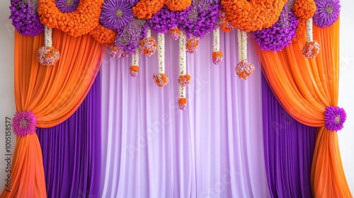 A purple and orange curtain with flowers hanging from it