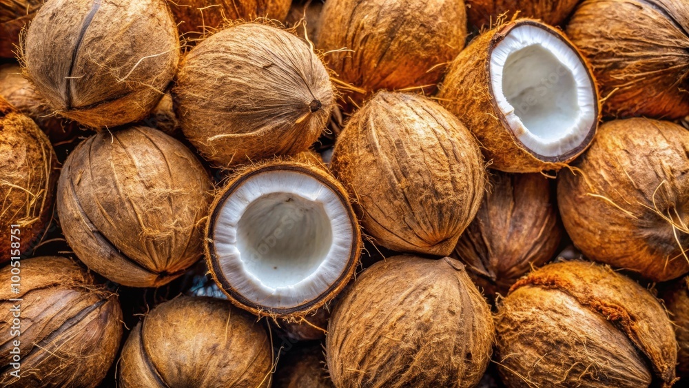 Dehusked coconuts with their husks kept together, showcasing the process of removing the outer layer, coconut, dehusked Dehusked coconuts with their husks kept together, showcasing the process of removing the outer layer, coconut, dehusked