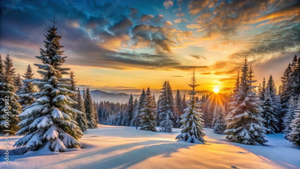 Winter sunset over a snowy landscape with evergreen trees in a quiet forest, winter, sunset, snowy, landscape, evergreen trees Winter sunset over a snowy landscape with evergreen trees in a quiet forest, winter, sunset, snowy, landscape, evergreen trees