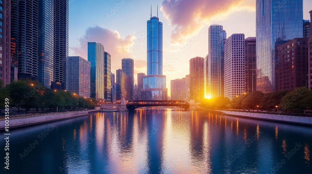 A beautiful image of the peaceful river water at dusk reflecting the skyline of Chicago A beautiful image of the peaceful river water at dusk reflecting the skyline of Chicago