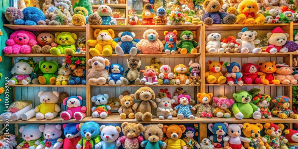 Colorful display of plush toys and collectibles in a quaint toy shop during the day, plush toys, collectibles, display, colorful Colorful display of plush toys and collectibles in a quaint toy shop during the day, plush toys, collectibles, display, colorful
