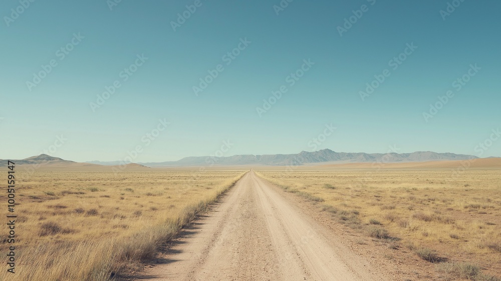A vast desert expanse appears beneath a pristine blue sky, with a dirt road that extends straight into the horizon, conveying a feeling of seclusion and adventure. A vast desert expanse appears beneath a pristine blue sky, with a dirt road that extends straight into the horizon, conveying a feeling of seclusion and adventure.