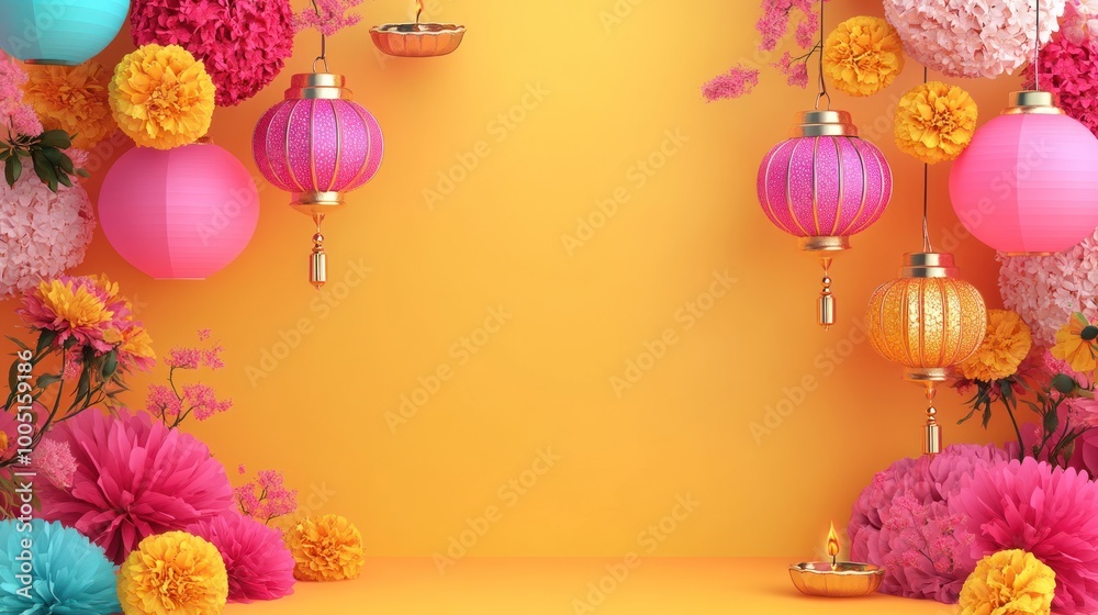 Obraz premium A yellow background with pink and orange lanterns hanging from the ceiling