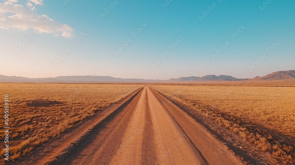 Fototapeta premium A vast desert expanse appears beneath a pristine blue sky, with a dirt road that extends straight into the horizon, conveying a feeling of seclusion and adventure.