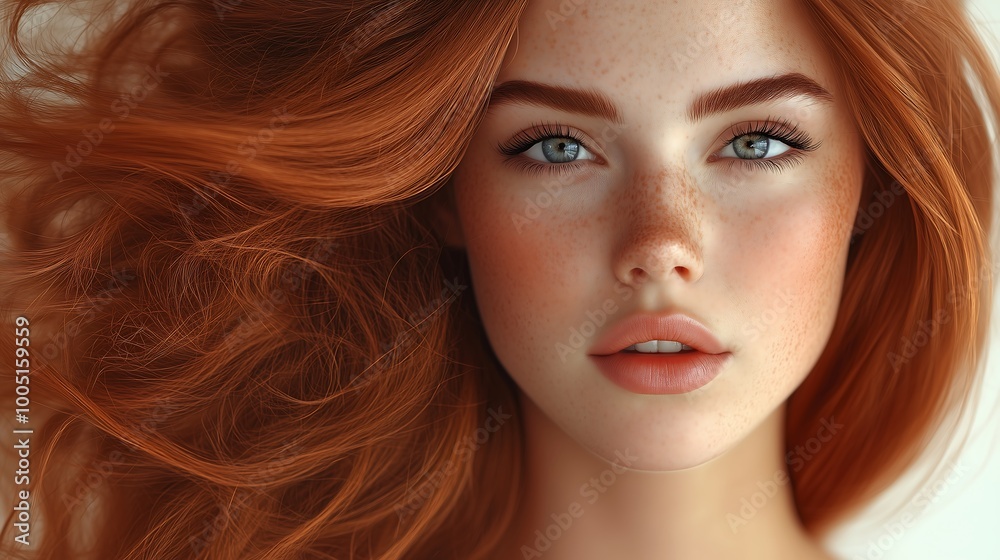 Portrait of Redhead Woman with Flowing Hair