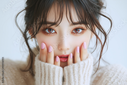 柔らかなセーターに包まれた魅惑的な瞳の女性