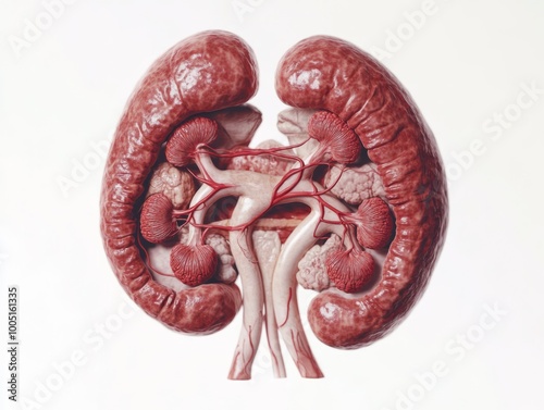 Detailed crosssectional illustration of the human kidneys showing internal structures like nephrons and blood vessels Ideal for use in medical ads nephrology content and kidney health awareness photo