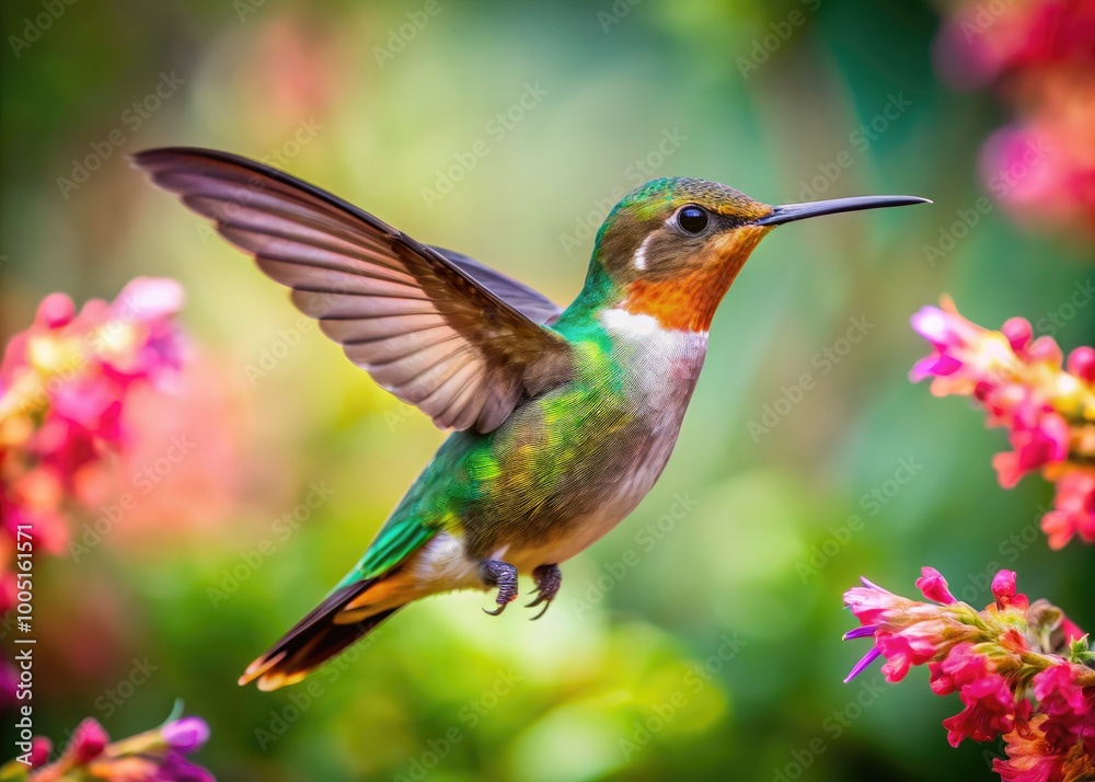 Fototapeta premium Vibrant Hummingbird Hovers In Mid-Air, Capturing Nectar From A Delicate Flower In A Lush Garden Setting