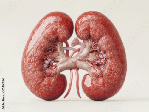 Detailed crosssectional illustration of the human kidneys showing internal structures like nephrons and blood vessels Ideal for use in medical ads nephrology content and kidney health awareness photo