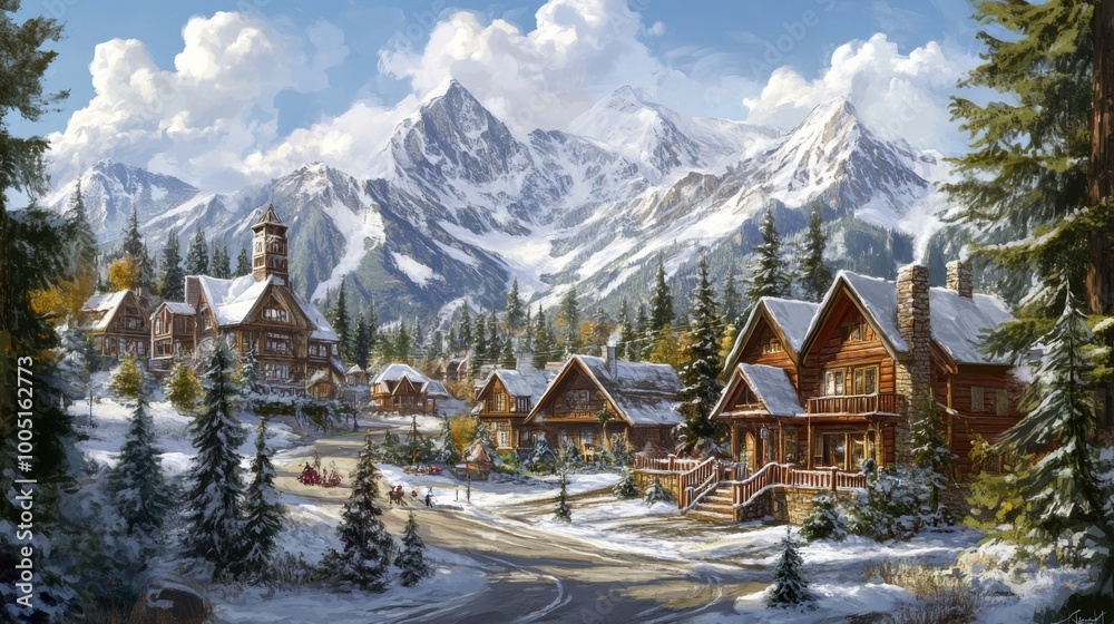 A picturesque winter scene with snow-capped mountains, a charming village, and children sledding down a hill. A picturesque winter scene with snow-capped mountains, a charming village, and children sledding down a hill.