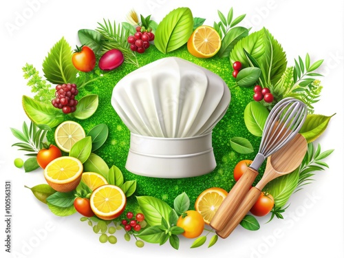 Vibrant illustration of a stylized chef's hat and utensils encircled by a circular border, surrounded by lush greenery and fresh fruits, conveying freshness and culinary expertise. photo