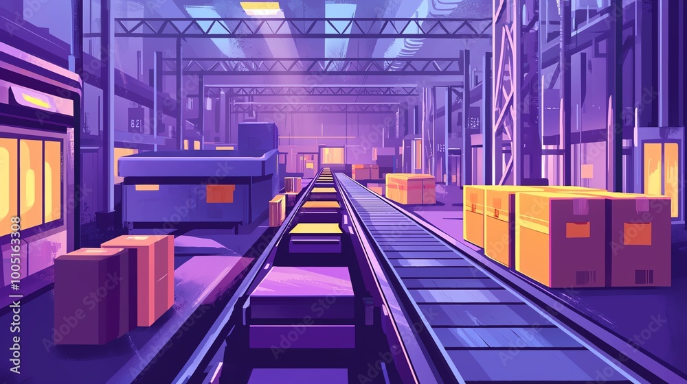 Fototapeta premium Transport and logistics warehouse with conveyor belt and boxes, colorful lighting, modern design.
