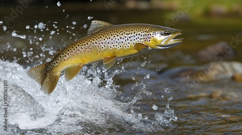 Brown Trout Leaps in Crystal Clear Stream, Creating a Splashing Water Display in the Serene Wilderness.