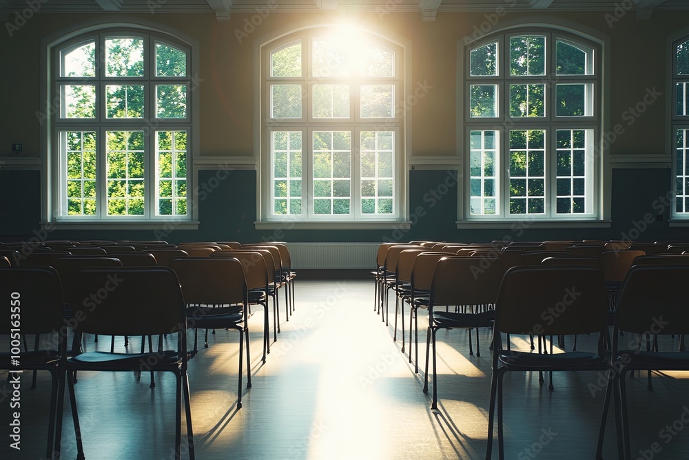 Fototapeta premium Sunlight streaming through windows highlights empty chairs in a tranquil classroom reflecting natural beauty at midday. Generative AI
