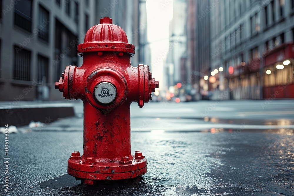 A vibrant red fire hydrant stands prominently on a rainy city street surrounded by tall, modern buildings in an urban setting. Generative AI A vibrant red fire hydrant stands prominently on a rainy city street surrounded by tall, modern buildings in an urban setting. Generative AI