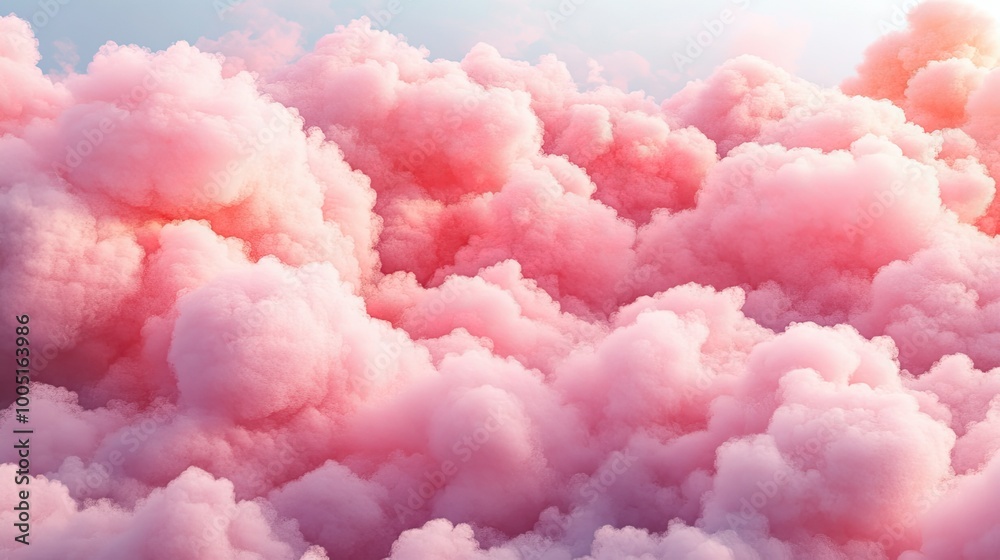 A close-up shot of fluffy pink clouds filling the frame against a light blue sky.