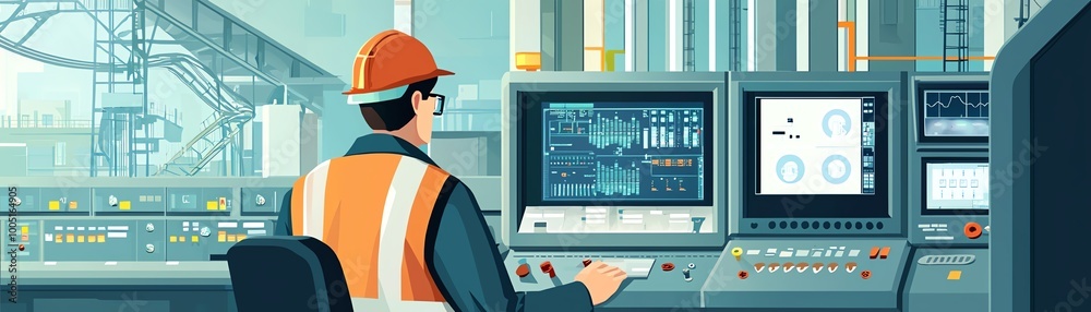 Control room operator monitoring machinery with digital screens, focused on workflow and efficiency. Control room operator monitoring machinery with digital screens, focused on workflow and efficiency.