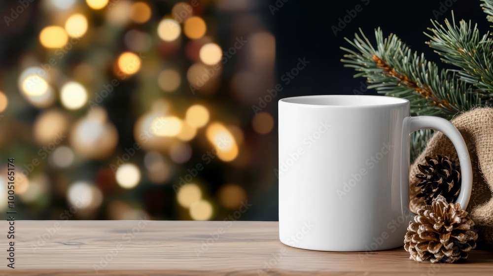 Blank white mug on wooden table with Christmas tree in background. Blank white mug on wooden table with Christmas tree in background.