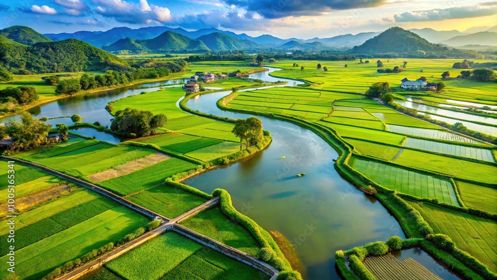 A breathtaking aerial view showcases vibrant green rice fields interwoven with water canals, highlighting fish farming amidst the tranquil beauty of the countryside landscape.