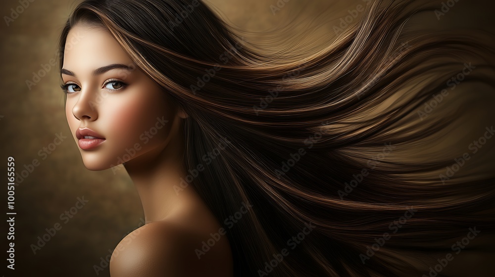 Woman with Flowing Brown Hair and Soft Stare Woman with Flowing Brown Hair and Soft Stare