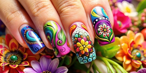 Vibrant, intricate design on woman's fingers features colorful flowers, swirls, and dots, showcasing creative nail art techniques and bold, eye-catching style. photo