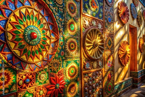 Wallpaper Mural Vibrant, intricate designs created by sunlight streaming through carefully placed objects, casting colorful patterns on a bright, textured wall, evoking a sense of playful creativity. Torontodigital.ca