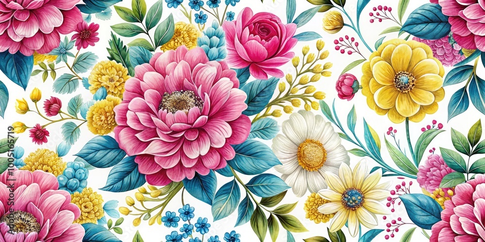Vibrant, intricate floral design featuring interlocking blooms in shades of pink, yellow, and blue, set against a crisp white background with subtle texture. Vibrant, intricate floral design featuring interlocking blooms in shades of pink, yellow, and blue, set against a crisp white background with subtle texture.