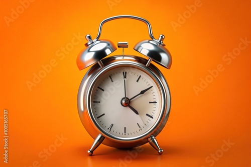 A close-up of a silver alarm clock striking noon against a vibrant orange background, captured in stunning 4K vertical video footage. Perfect for eye-catching visuals.