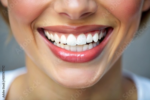 A close-up of bright white teeth reveals a radiant smile and excellent dental health, beautifully highlighted in a natural light environment.