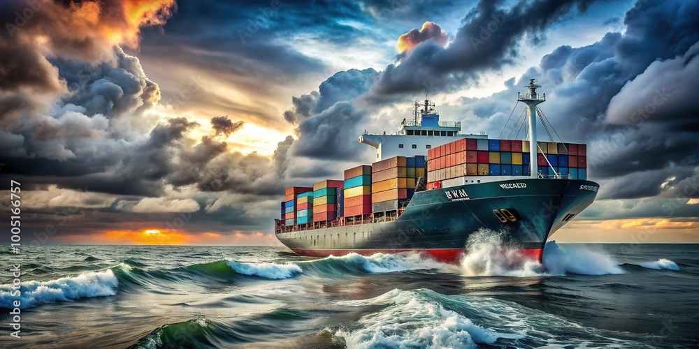 A modern cargo ship navigates through choppy waters under a cloudy sky ...