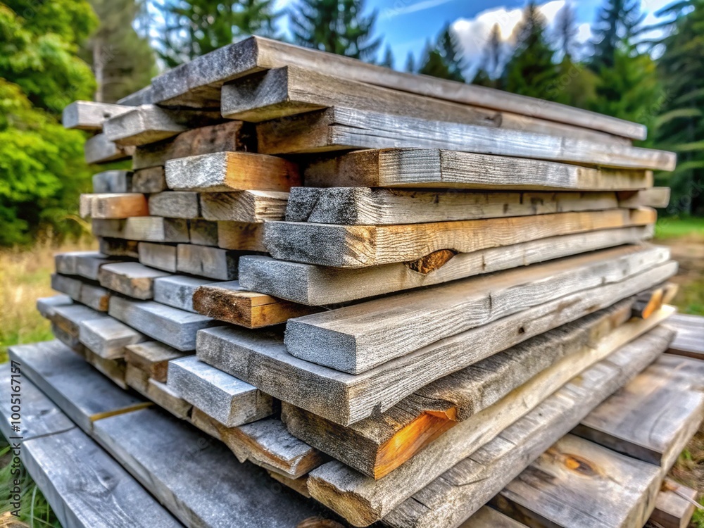 A rustic, neatly arranged stack of seasoned wooden planks, weathered to a silvery gray, awaits use in a cozy cabin or outdoor project setting. A rustic, neatly arranged stack of seasoned wooden planks, weathered to a silvery gray, awaits use in a cozy cabin or outdoor project setting.