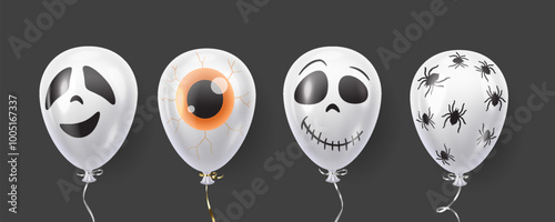 Air balloons with Halloween designs realistic color icons set. Ghost eyeball skull and spiders patterns 3d objects illustrations on black