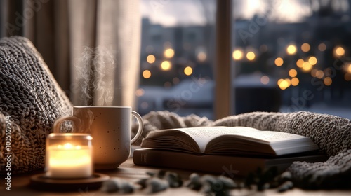 Cozy indoor scene with a book, candle, and steaming mug