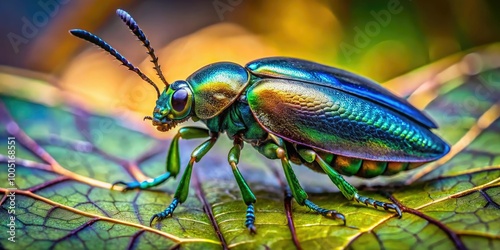 Vibrant iridescent beetle wings spread wide, revealing intricate network of tiny veins, shimmering blues and greens against a soft, blurred forest floor background.