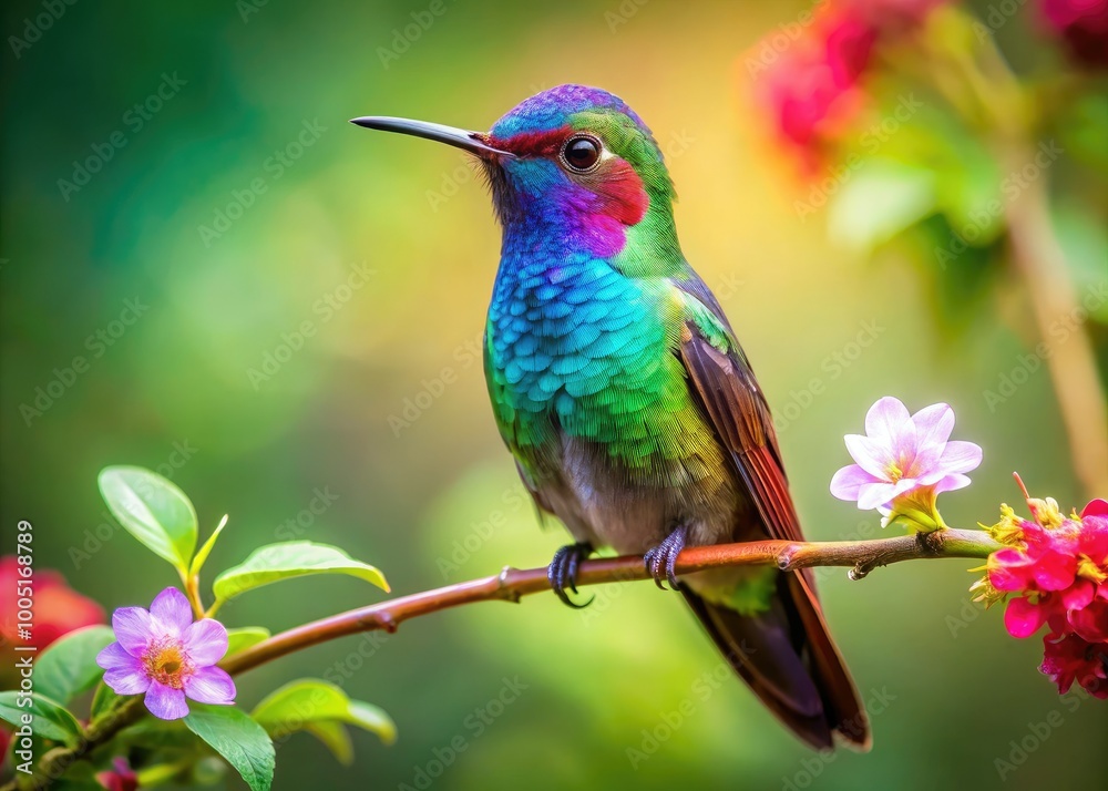 Fototapeta premium Vibrant, iridescent hummingbird perched on a delicate flower branch, set against a soft, blurred background of lush green foliage, evoking a sense of serenity and wonder.